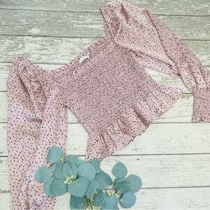 LUSH Mauve Dot Smocked Long Sleeve Peplum Top
